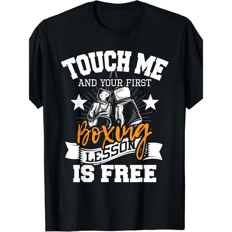 Touch Me, Your First Boxing Class Is Free" Men's Cotton T-Shirt - Casual Crew Neck, Short Sleeve, Geometric Print, Breathable & Comfort Fit Made in USA
