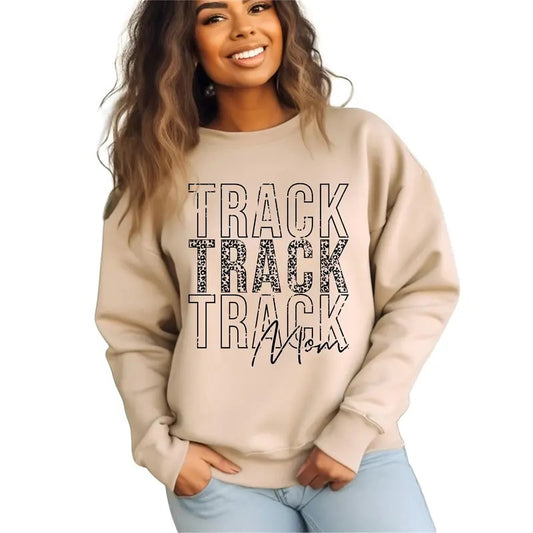Track Mom Sweatshirt, Women's Letter Print Sports Mom Sweatshirt,Track Mom Shirt, Leopard Print Round Neck Sweatshirt, Track and Field Mom, Gifts for Her Crewneck Fit Garment Womenswear Fabric Fleece Hoodie Knit Spandex Sweaters