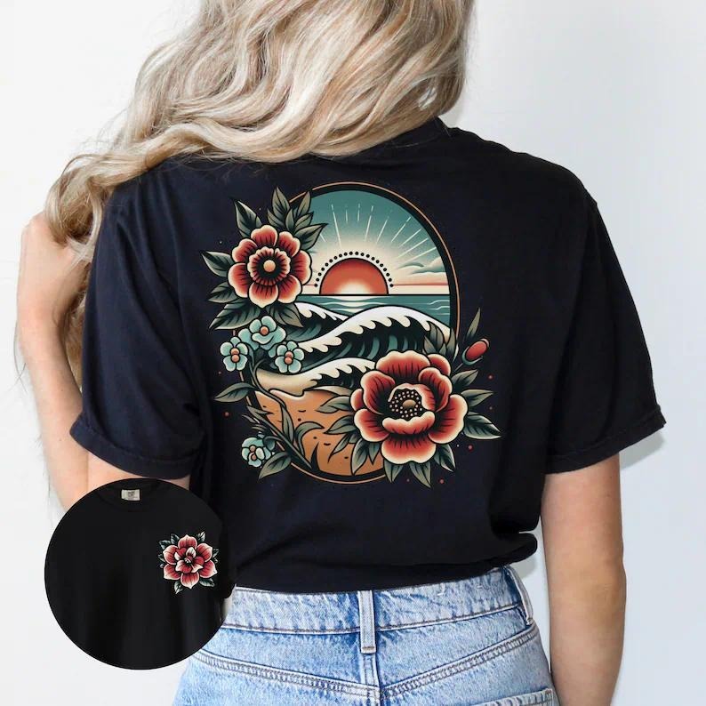 Traditional Floral Beach Sunset Tshirt, Beach Vacation Shirt, Women'WB shield TNF'WB shield Day Birthday Gift for Her,...