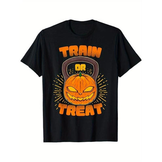 Train or Treat Pumpkin Kettlebell Gym Workout Halloween T-Shirt, 100% Cotton, Halloween Thanksgiving Christmas Gift for Men Dad Friends Made in USA