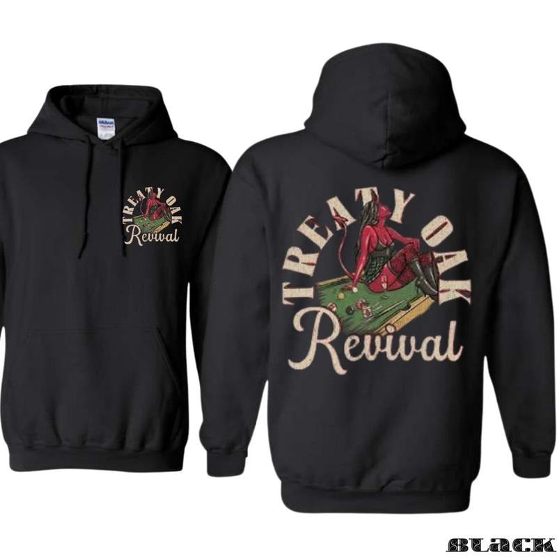 Treaty Oak Revival Devil Hoodie - Featuring a bold "Treaty Oak Revival" devil girl design, perfect for those who love unique style and music, Unisex, providing comfort and standout style.