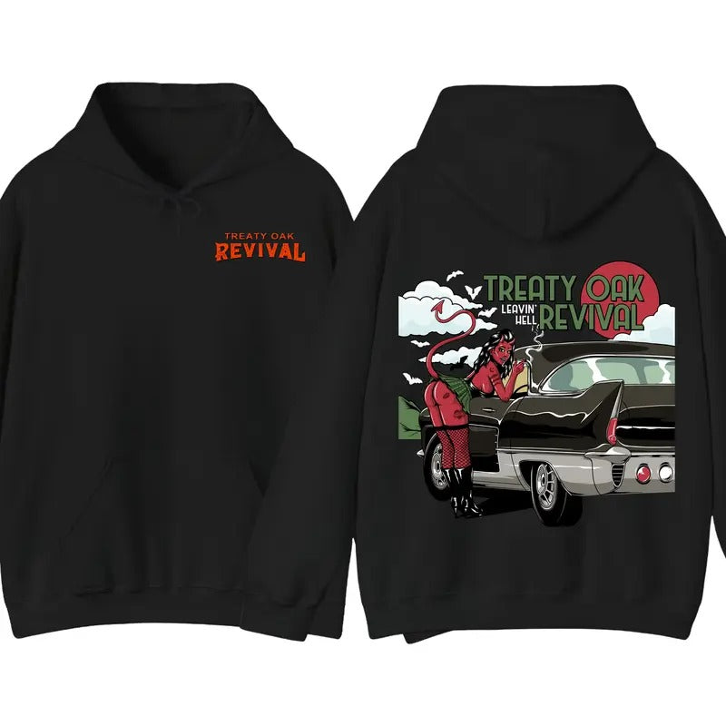 Treaty Oak Revival Graphic Hoodie, Devil Girl with Classic Car Concert Unisex Hoodies, Country Music Men's Tops, Southern Rock Concert 2024 Shirt, Gift for Fan