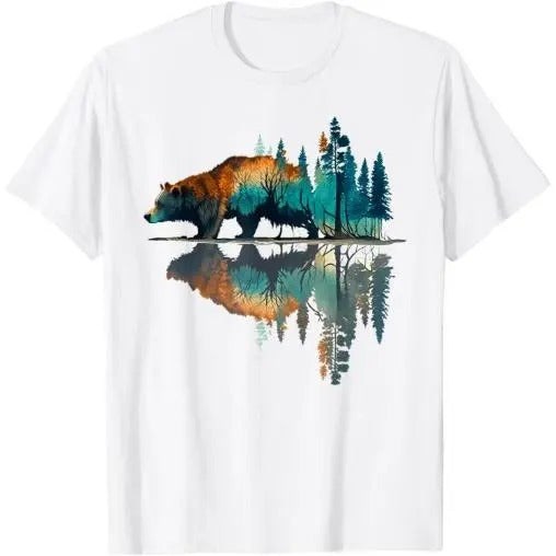 Trees Reflection Wildlife Nature Animal Bear Outdoor Forest T-Shirt Made in USA