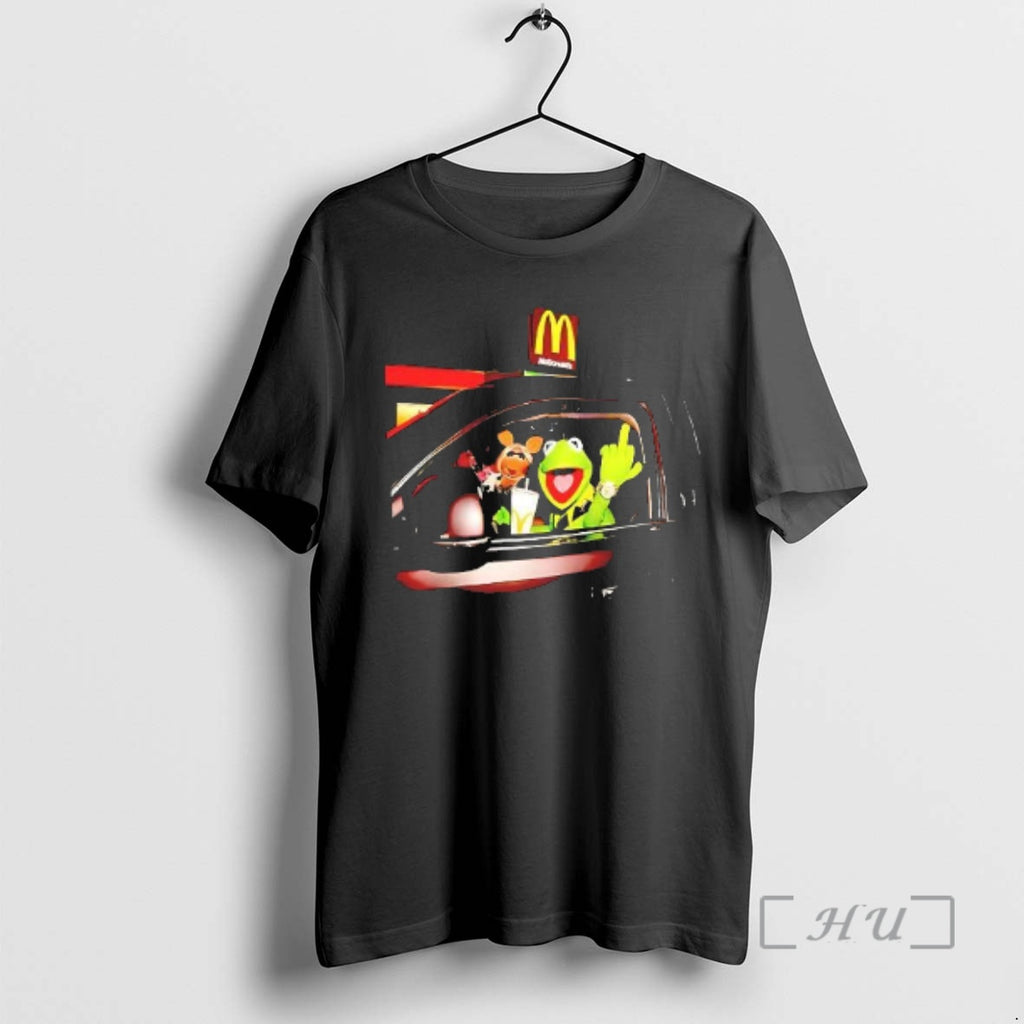 Trending At Mcdonalds Frog Kermit Middle Finger And Miss Piggy Riding Car Premium T Shirts Hoodie, Sweatshirt | DripVista.com