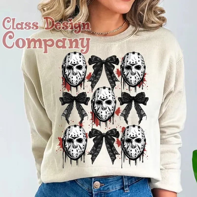 Trending Halloween Horror Faces with Coquette Bow Sweatshirt, Spooky Horror Movie Character Unisex Sweater Womenswear Check