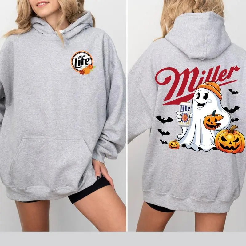 Trending Halloween Miller Lite Boo with Pumpkin 2 sides Hoodie for men and women pink hoodie