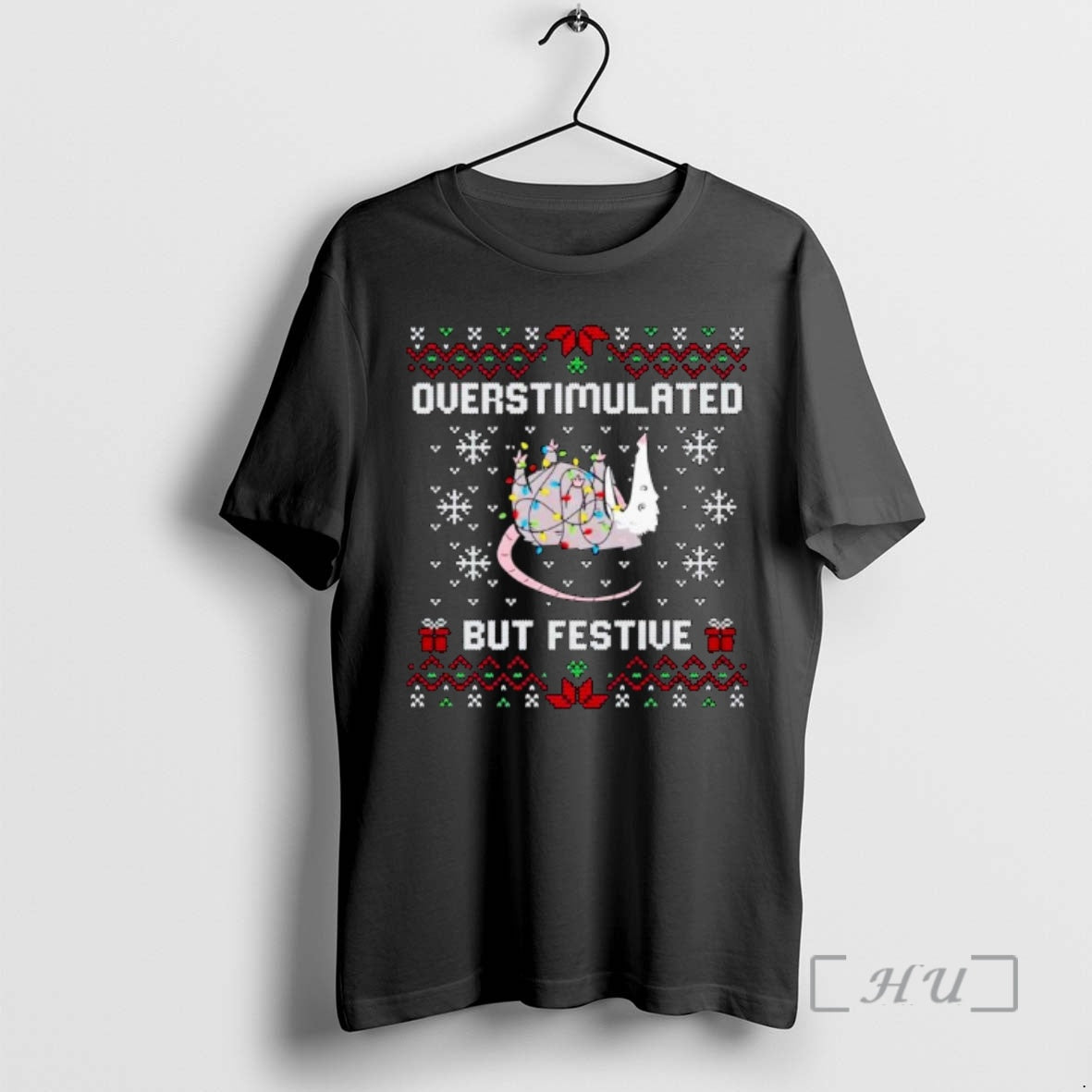 Trending Possum Overstimulated But Festive Ugly Christmas Ornaments T-Shirts, Hoodie, Sweatshirt | DripVista.com