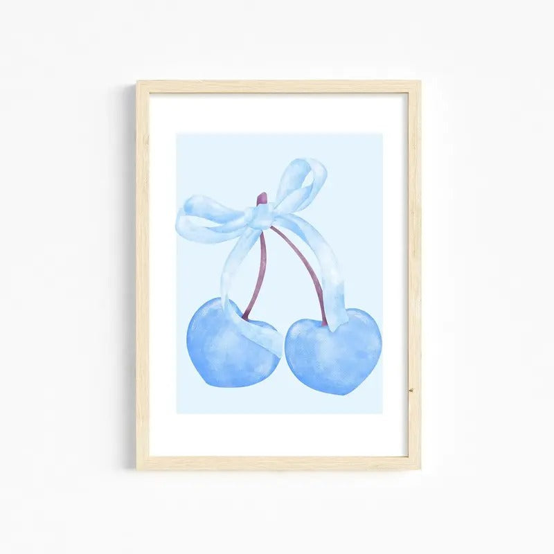 Trendy Blue Cherry Wall Art, Preppy Poster, College Apartment Decor, Coquette Room Decor, Gifts For Women Her Bedroom...