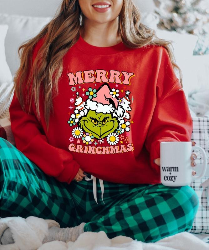 Trendy Christmas Sweatshirt, Retro Floral Christmas Hoodie, Funny Holiday Gift Sweater, Winter Holiday Gift Sweatshirt For Woman.