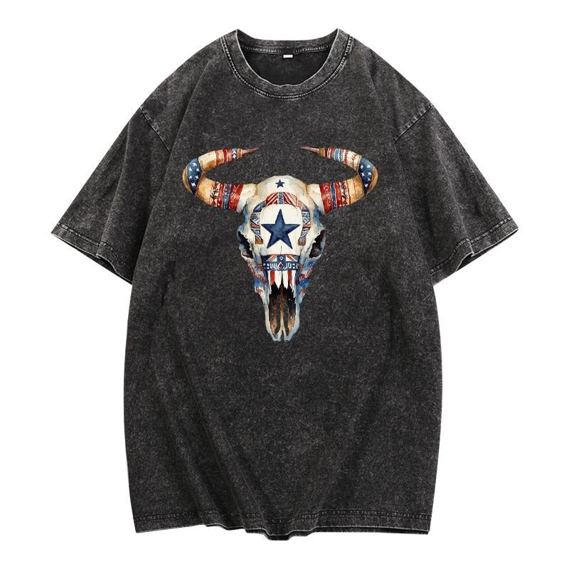 Trendy Distressed - patriotic Washed Tee: Make WB shield Fashion - forward Statement with WB shield Unique Buffalo Skull...