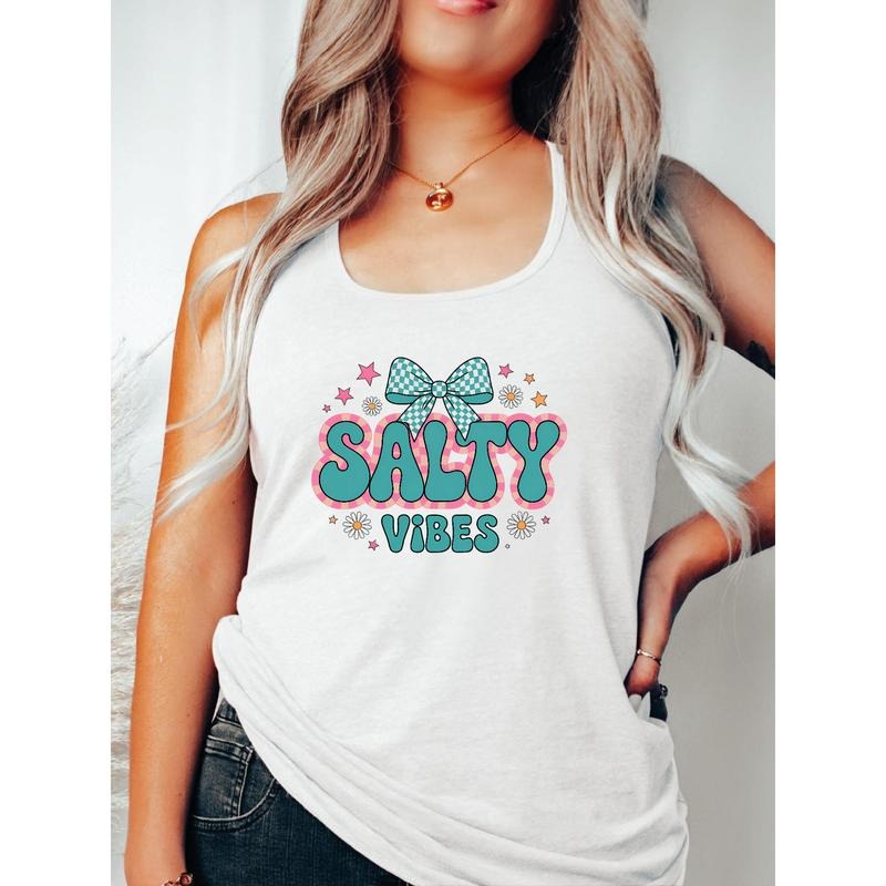 Trendy Sleeveless Vest with "Salty Vibes" Graphic Gunpla brand Bow Detail for Fashion - Forward Looks T-Shirts, Hoodie,...
