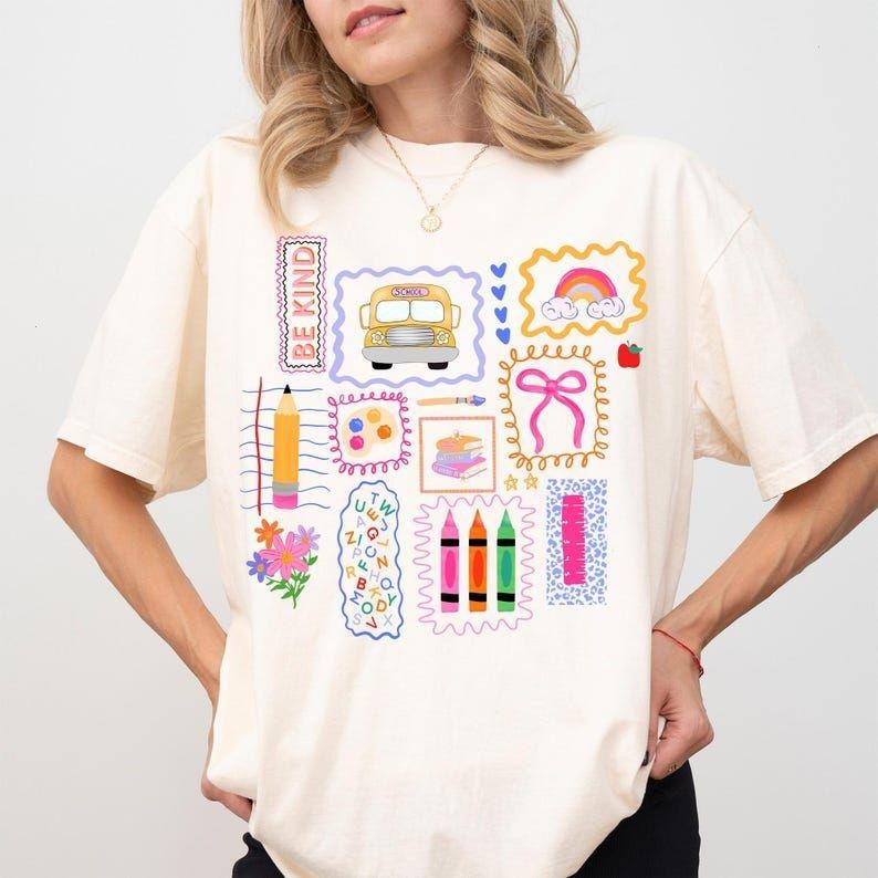 Trendy Teacher Shirt, Colorful Doodle Back To School Shirt, Preppy Coquette School T-shirt, Girly Pink Bow Tee, Teacher...