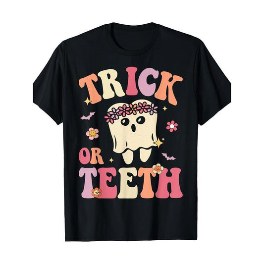 Trick Or Teeth Ghost Dental Halloween Treat Dentist T-Shirt Made in USA