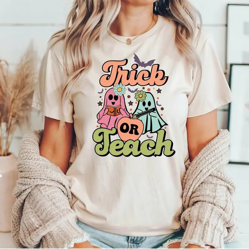 Trick or Teach Retro Halloween Teacher Shirts, Teacher Appreciation Shirts, Kindergarten Teacher Shirt, Elementary...