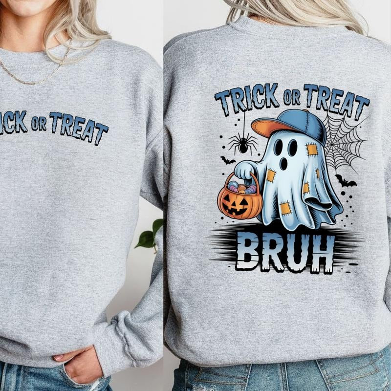 Trick or Treat Bruh Ghost Halloween Sweatshirt, Funny Spooky Ghost Crewneck, Cute Pumpkin Candy Costume Pullover