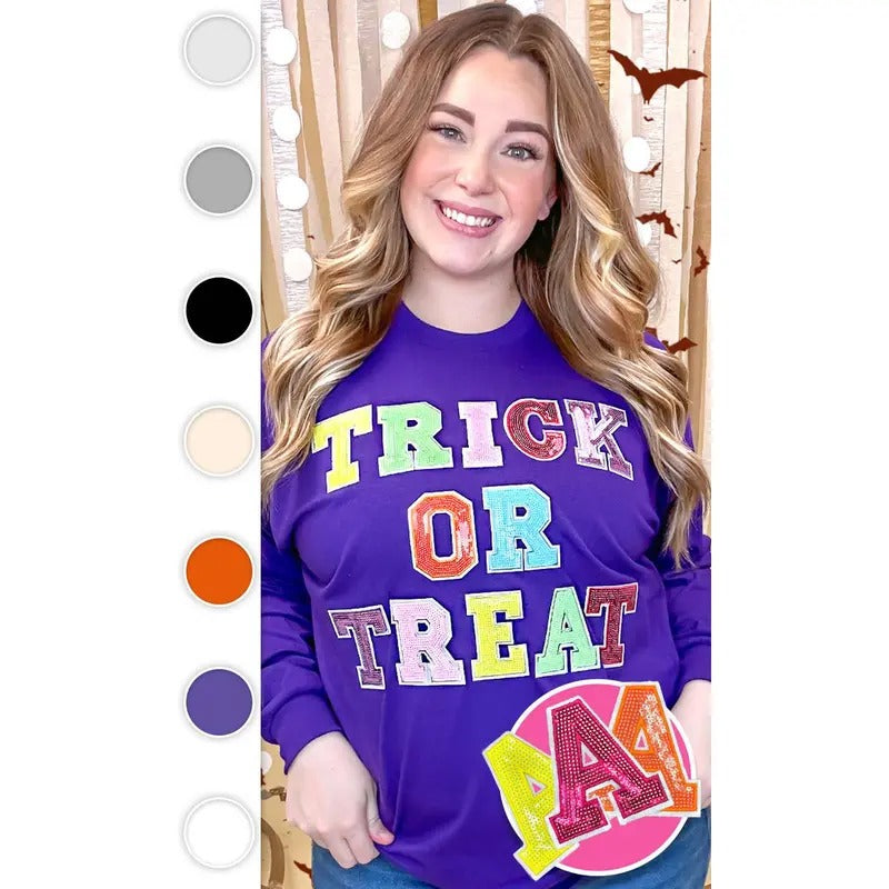 Trick or Treat Sequin Graphic Long Sleeve T-Shirt Hoodie, Sweatshirt | DripVista.com