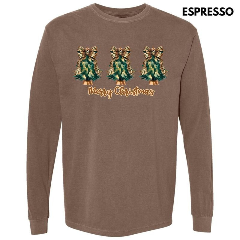 Triple Cheetah Bow Christmas Trees Long Sleeve Comfort Colors T-Shirt 'NLB' Hoodie, Sweatshirt | DripVista.com