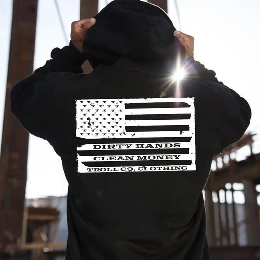 Troll Co Work Hard Dirty Hands Clean Money T-shirt Sweatshirt Hoodie, Trending Mechanic Unisex Shirt, USA Flag Back Side Printed Workwear Streetwear, ESTD MMXVII