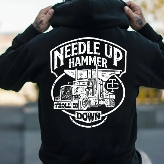 Troll Co Work Needle Up Hammer Down T-shirt Sweatshirt Hoodie, Trending Mechanic Unisex Shirt, Back Side Printed Workwear Streetwear, ESTD MMXVII