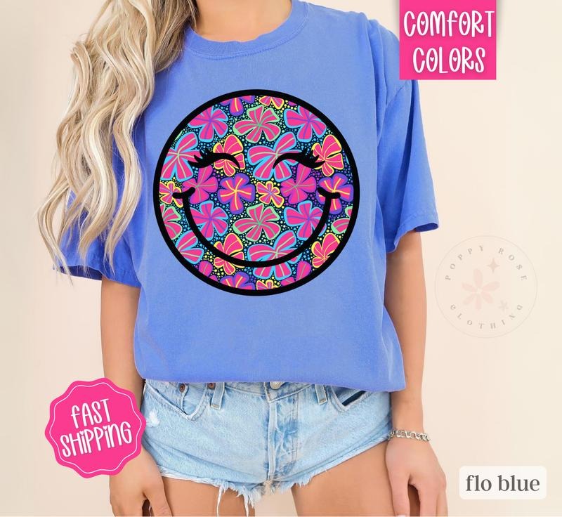 Tropical Floral Happy Face Shirt Comfort Colors, Summer Tee, Oversized Women's Tshirt, Swimsuit Cover Hoodie, Sweatshirt