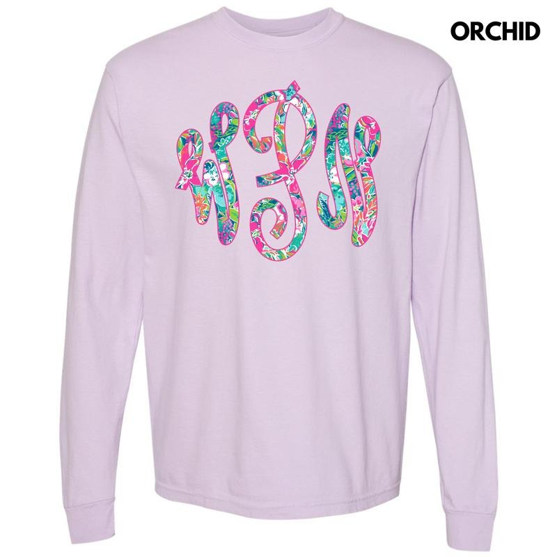 Tropical Monogram Long Sleeve Comfort Colors T-Shirt 'NLB' Hoodie, Sweatshirt | DripVista.com