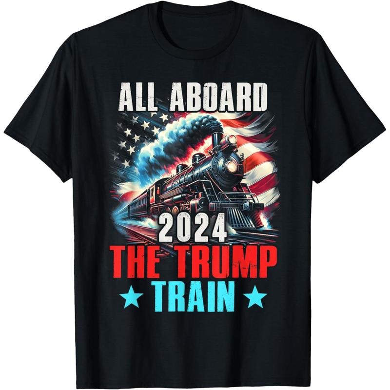 Trump 2024 All Aboard The Trump Train US American Flag T-Shirt made in usa Hoodie, Sweatshirt | DripVista.com