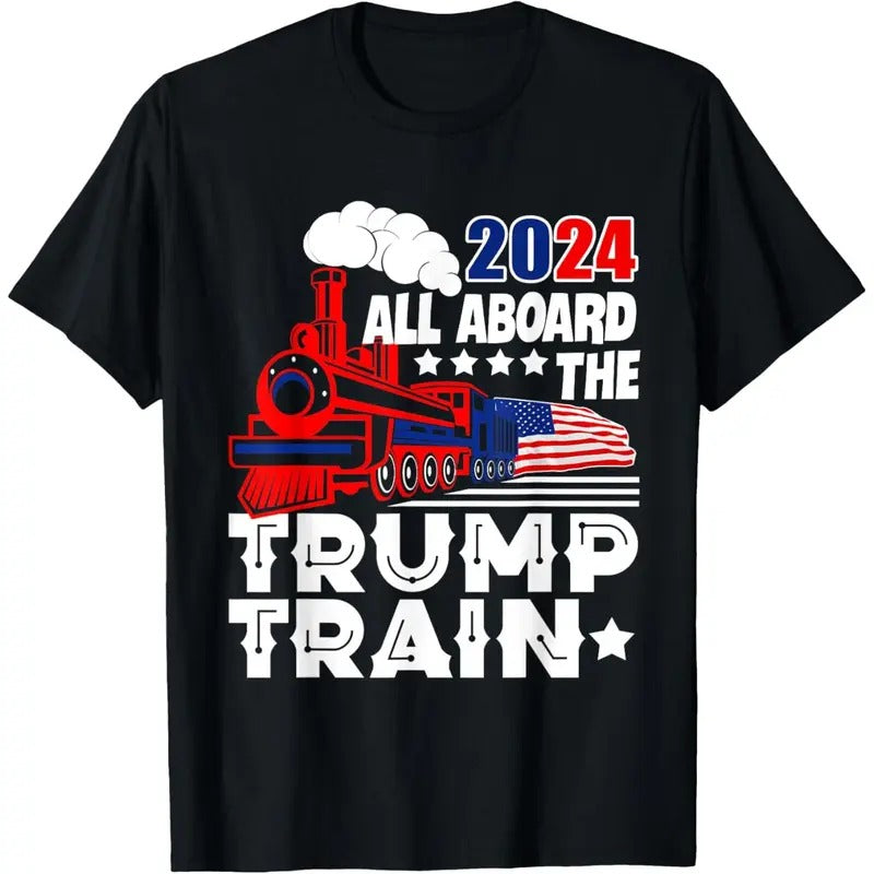 Trump 2024 All Aboard The Trump Train USA American Flag T-Shirt made in usa Hoodie, Sweatshirt | DripVista.com