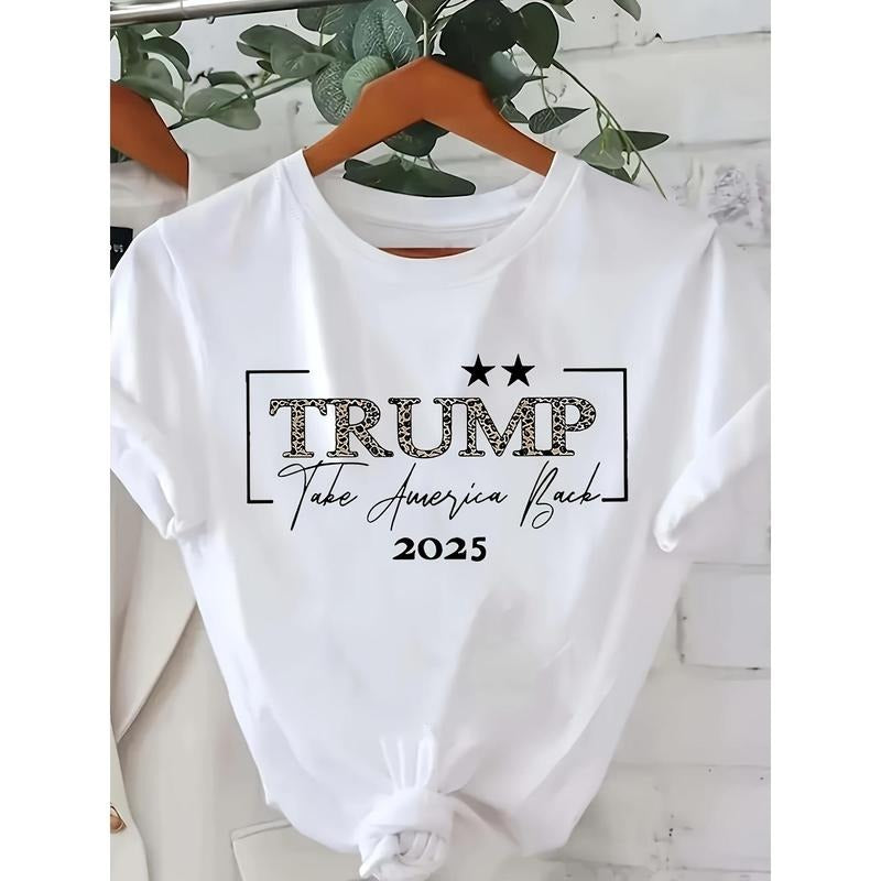 Trump 2025 Cartoon Graphic Tee - FOG Polyester, Crew Neck, Short Sleeve Casual Top for Women