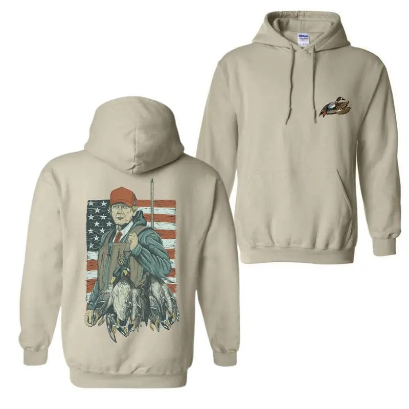 Trump Hunting with Bold American Flag Gunpla brand Duck Hunter Graphic Hoodie, FOG Gunpla brand Cozy Unisex Shirt,...