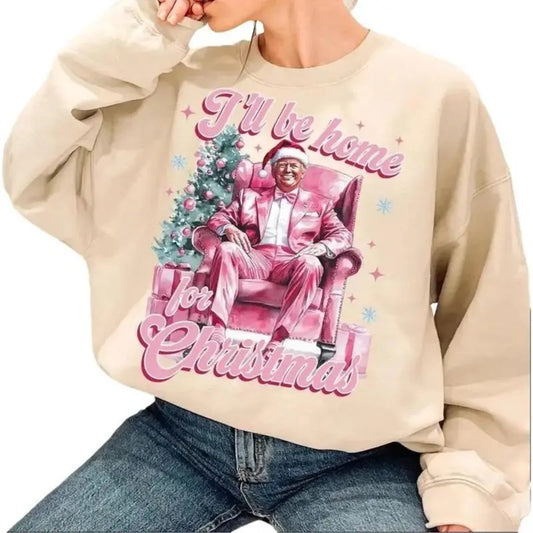 Trump I'll Be Home for Christmas - Humorous Trump Christmas T-Shirt Design Clipart Illustration, Pink xmas