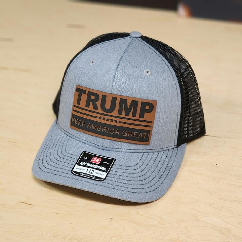 Trump Keep America Great Leather Patch Trucker Hat - Heather Grey and Black or Tri Color Richardson 112 Cap, Patriotic,...
