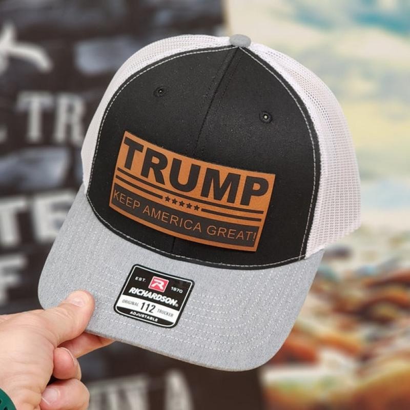 Trump Keep America Great Rectangle Patch- Heather Grey and Black and White Richardson 112 Trucker Hat, Patriotic, 2024...