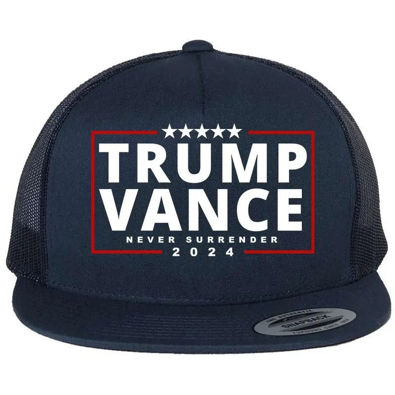 Trump Vance Never Surrender 2024 Political Flat Bill Trucker Hat T-Shirts, Hoodie, Sweatshirt | DripVista.com