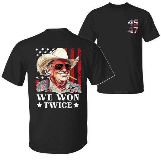 Trump We Won Twice Get Over It 2024 President 47th Shirt, Trump Shirts for Sale, 2 Sided Graphic Printed Unisex Classic Cotton T-Shirt Crewneck Fabric Menswear Top