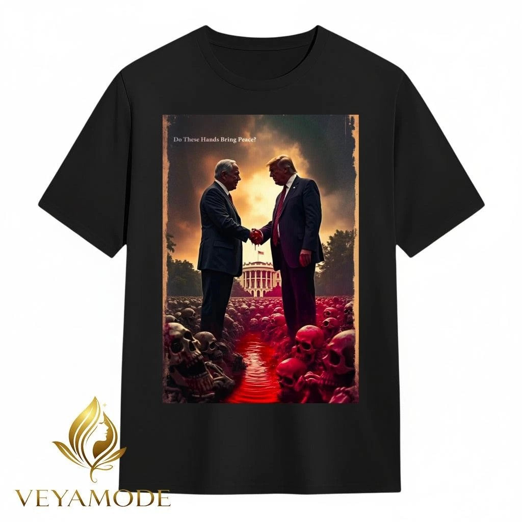 Trump shakes hands with Benjamin Netanyahu amidst a sea of ​​blood and skulls tee