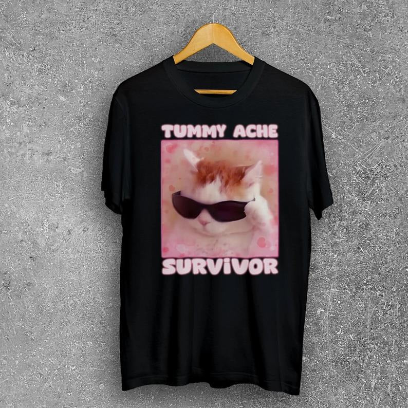 Tummy Ache Survivor Funny Cat Meme T-shirt, Gift for Woman Goofy Ahh Cats Tee Shirt, Trendy Summer Clothes Ironic, Silly...