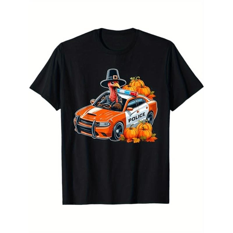 Turkey Driving Police Car Thanksgiving Driver Drops Pumpkin, 100% Cotton, Halloween Thanksgiving Christmas Gift, Male And...