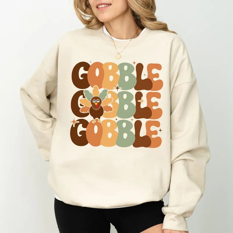Turkey Gobble Sweatshirt, Thanksgiving Crewneck, Turkey Sweater, Funny Turkey Sweatshirt, Vintage Thanksgiving Gift, Fall Season Outfits for Girls, Comfy Long Sleeve Pullover, Cute Fall Autumn Women's Tops, Casual Womenswear, Comfort Fabric Cotton Top