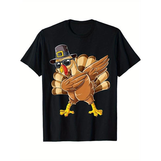 Turkey Print Men's Cotton Round Neck Print Tee, Short-Sleeve Comfy T-Shirt, Loose Casual Top, Men's Clothing Thanksgiving As Gifts made in usa