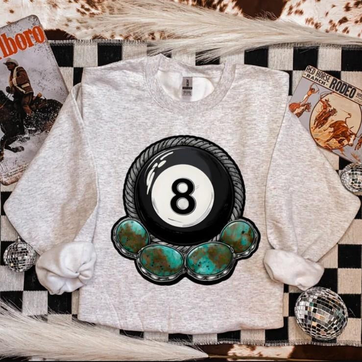 Turquoise 8Ball Crewneck sweatshirt, graphic tees women, western outfits women, western tops clothing, rodeo cowgirl...