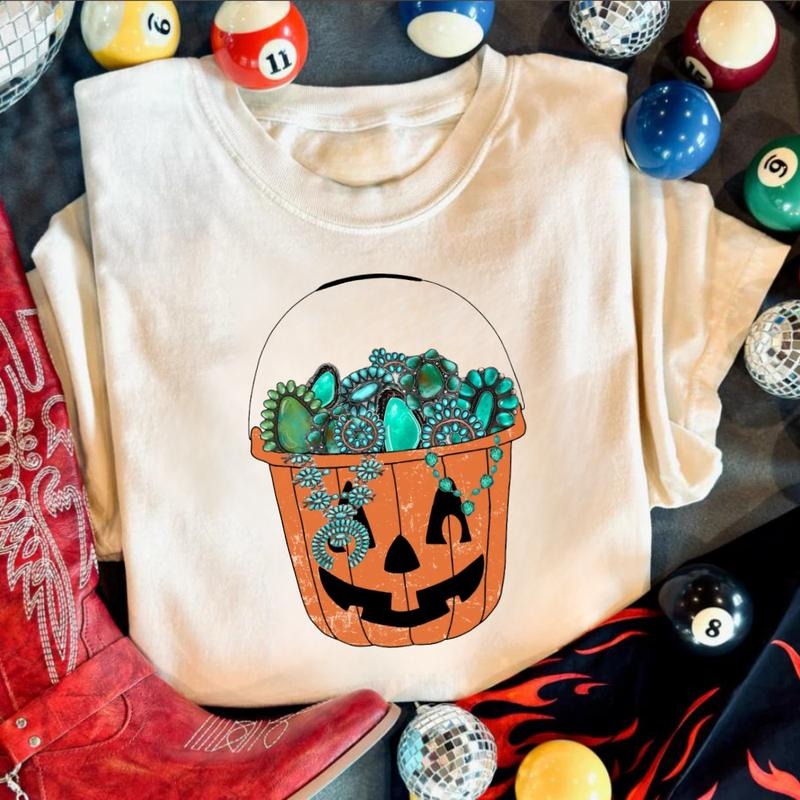 Turquoise Candy Bucket Halloween shirt, vintage halloween western graphic tees, western outfits women, women's graphic tees clothes, western clothing, cowgirl outfits stuff, country concert outfits, western tops clothes