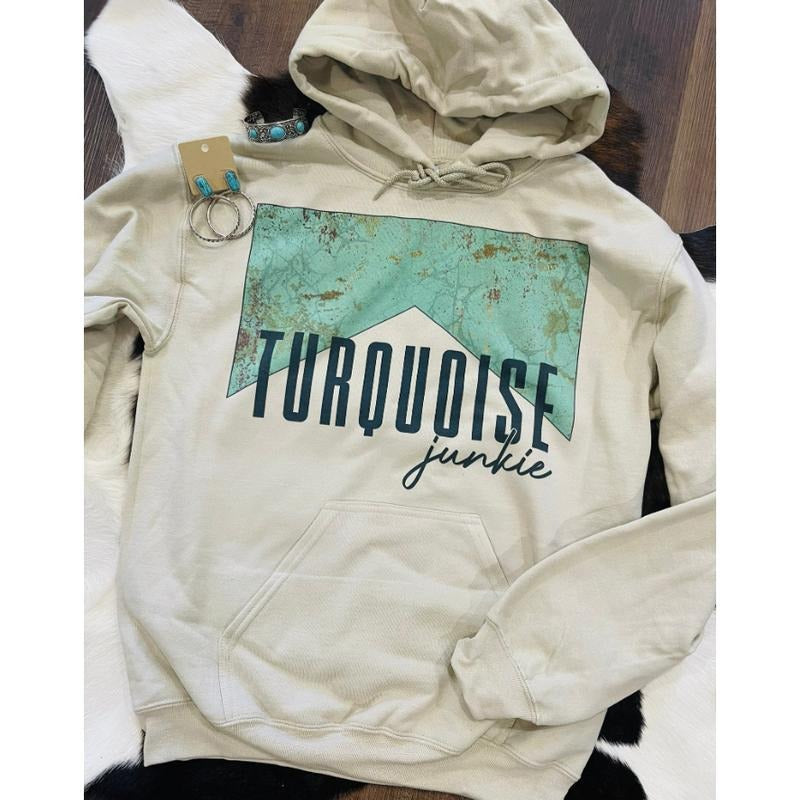 Turquoise Junkie Hoodie, Crewneck Graphic SweatShirt, cowgirl outfits, western outfit women, western tops, western tops,...