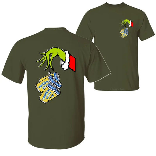 Twisted Tea Christmas Movie The Grin Hand T-Shirt, Christmas Green Guy Holding Twisted Tea Cans 2 Sided Graphic Printed Unisex Classic Cotton T-Shirts