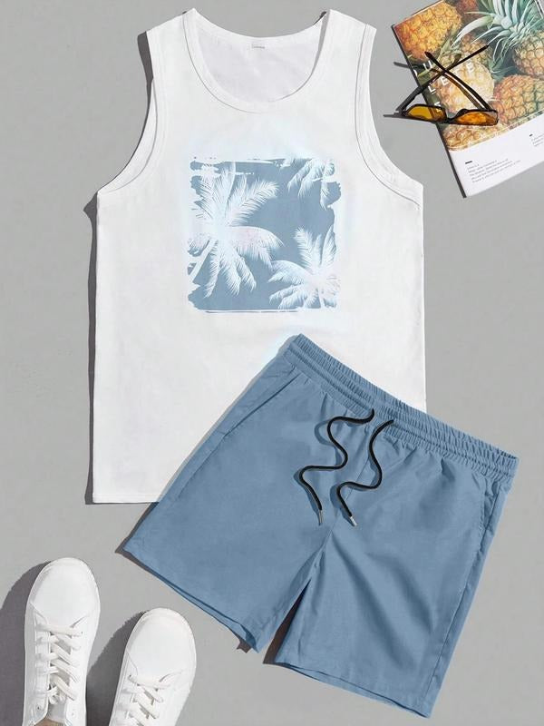 Two-Piece Set Men's Regular Fit Palm Tree Print Tank Top & Shorts Set, Casual Sleeveless Top & Shorts, Men's Two-piece...