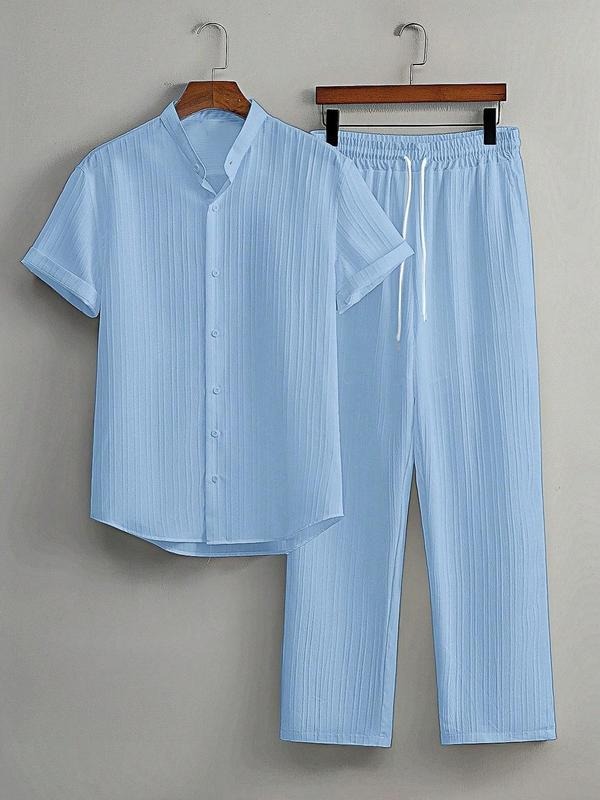 Two-Piece Set Men's Solid Color Short Sleeve Top & Pants Loungewear, Regular Fit Casual Comfy Pyjama Set for Summer,...