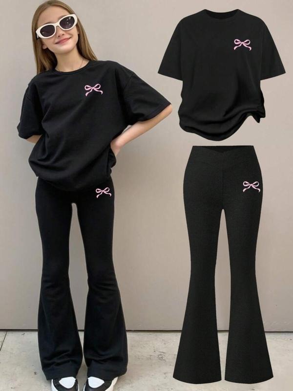Two-Piece Set Women's Bow Print Tee & Flare Leg Pants, Casual Fashion Cozy Round Neck Short Sleeve T-shirt & Bell Bottom...