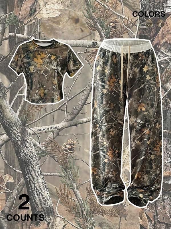 Two-Piece Set Women's Camo Print Crew Neck Tee & Pants, Casual Short Sleeve T-shirt & Trousers for Daily Wear, Ladies...