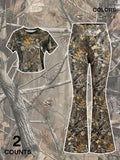Two-Piece Set Women's Camo Print Crop Top & Flare Leg Pants, Casual Fashion Cozy Breathable for Daily Outdoor Wear, Ladies Clothes for All Seasons, Suits