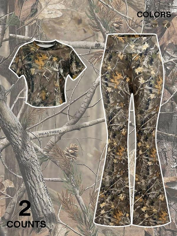 Two-Piece Set Women's Camo Print Crop Top & Flare Leg Pants, Casual Fashion Cozy Breathable for Daily Outdoor Wear, Ladies Clothes for All Seasons, Suits