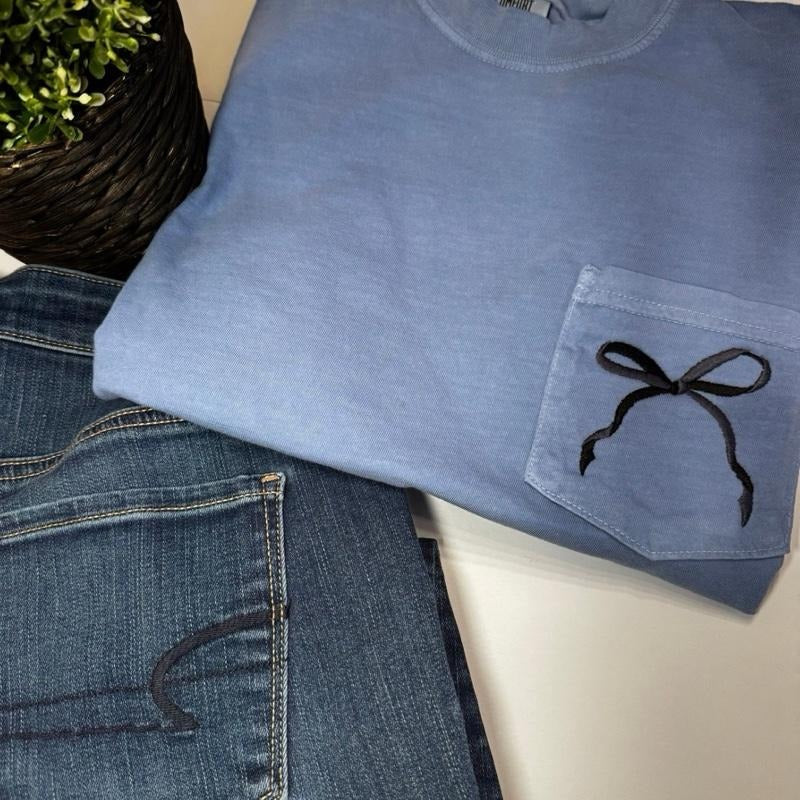 Two tone embroidered bow-pocket tee Hoodie, Sweatshirt | DripVista.com